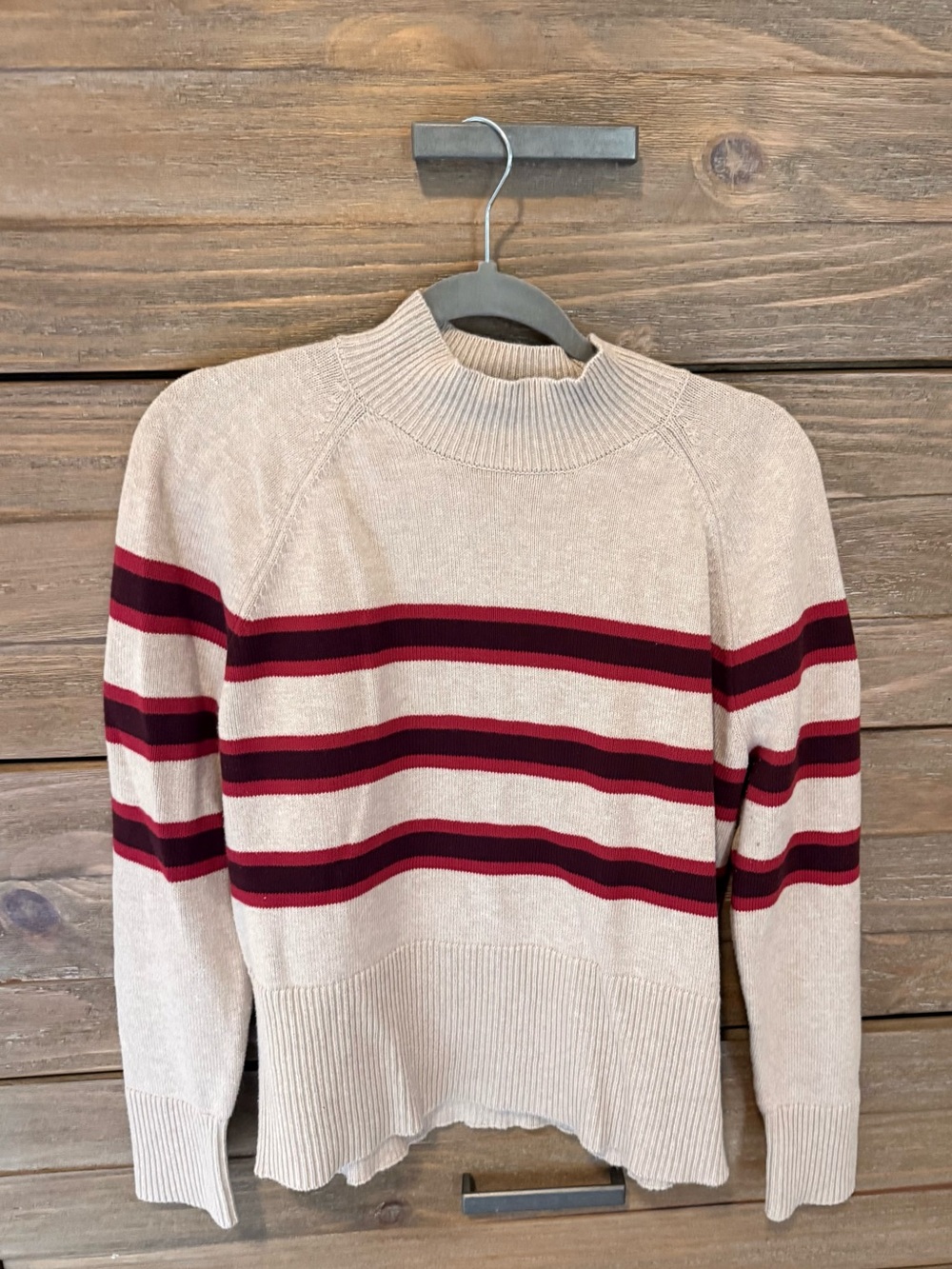 LOFT Cream Striped Sweater with Burgundy Accent